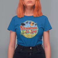 Funny Christmas In July T Shirt For Women Flamingo With Santa Claus Palm Tree - Wonder Print Shop