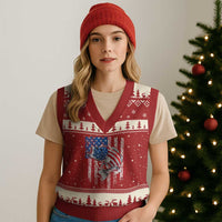 Funny Bass Fish Fishing Vintage American Flag Patriotic V-Neck Knit Sweater Vest - Wonder Print Shop