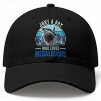 Just A Boy Who Loves Megalodons Baseball Cap Megalodon Shark Lover Retro Graphic