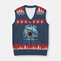 Just A Boy Who Loves Megalodons V-Neck Knit Sweater Vest Megalodon Shark Lover Retro Graphic