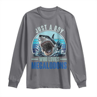 Just A Boy Who Loves Megalodons Long Sleeve Shirt Megalodon Shark Lover Retro Graphic