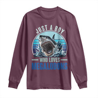 Just A Boy Who Loves Megalodons Long Sleeve Shirt Megalodon Shark Lover Retro Graphic
