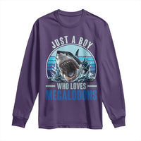 Just A Boy Who Loves Megalodons Long Sleeve Shirt Megalodon Shark Lover Retro Graphic