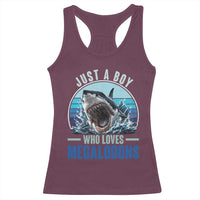 Just A Boy Who Loves Megalodons Racerback Tank Top Megalodon Shark Lover Retro Graphic