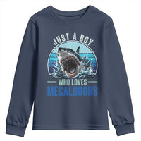 Just A Boy Who Loves Megalodons Youth Sweatshirt Megalodon Shark Lover Retro Graphic