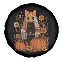 Halloween Vintage Patchwork Ghost Holding Black Cat Groovy Floral Spare Tire Cover - Wonder Print Shop