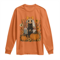 Halloween Vintage Patchwork Ghost Holding Black Cat Groovy Floral Long Sleeve Shirt - Wonder Print Shop