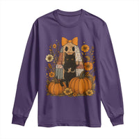Halloween Vintage Patchwork Ghost Holding Black Cat Groovy Floral Long Sleeve Shirt - Wonder Print Shop