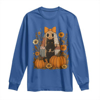 Halloween Vintage Patchwork Ghost Holding Black Cat Groovy Floral Long Sleeve Shirt - Wonder Print Shop
