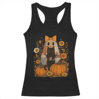 Halloween Vintage Patchwork Ghost Holding Black Cat Groovy Floral Racerback Tank Top - Wonder Print Shop