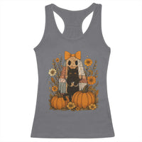 Halloween Vintage Patchwork Ghost Holding Black Cat Groovy Floral Racerback Tank Top - Wonder Print Shop