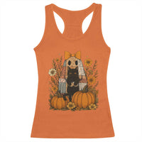 Halloween Vintage Patchwork Ghost Holding Black Cat Groovy Floral Racerback Tank Top - Wonder Print Shop