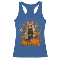 Halloween Vintage Patchwork Ghost Holding Black Cat Groovy Floral Racerback Tank Top - Wonder Print Shop