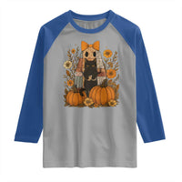 Halloween Vintage Patchwork Ghost Holding Black Cat Groovy Floral Raglan Shirt - Wonder Print Shop