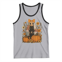 Halloween Vintage Patchwork Ghost Holding Black Cat Groovy Floral Tank Top - Wonder Print Shop