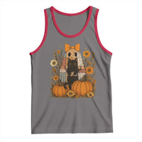 Halloween Vintage Patchwork Ghost Holding Black Cat Groovy Floral Tank Top - Wonder Print Shop