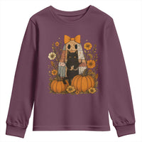 Halloween Vintage Patchwork Ghost Holding Black Cat Groovy Floral Youth Sweatshirt - Wonder Print Shop