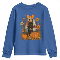 Halloween Vintage Patchwork Ghost Holding Black Cat Groovy Floral Youth Sweatshirt - Wonder Print Shop
