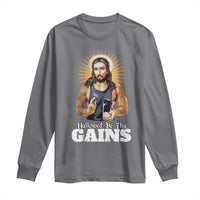 Funny Jesus Gym Workout Hallowed Be Thy Gains Long Sleeve Shirt Muscle Jesus Weightlifting