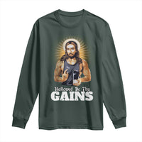 Funny Jesus Gym Workout Hallowed Be Thy Gains Long Sleeve Shirt Muscle Jesus Weightlifting
