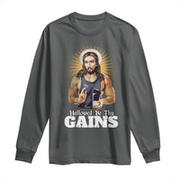 Funny Jesus Gym Workout Hallowed Be Thy Gains Long Sleeve Shirt Muscle Jesus Weightlifting
