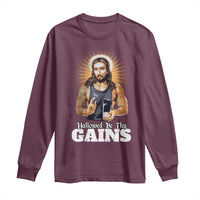 Funny Jesus Gym Workout Hallowed Be Thy Gains Long Sleeve Shirt Muscle Jesus Weightlifting