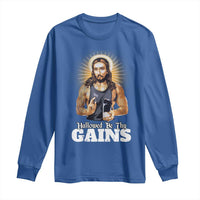 Funny Jesus Gym Workout Hallowed Be Thy Gains Long Sleeve Shirt Muscle Jesus Weightlifting