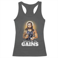 Funny Jesus Gym Workout Hallowed Be Thy Gains Racerback Tank Top Muscle Jesus Weightlifting