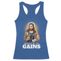 Funny Jesus Gym Workout Hallowed Be Thy Gains Racerback Tank Top Muscle Jesus Weightlifting