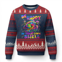 Funny Autism Awareness Be Happy In Your Own Shell Ugly Christmas Sweater Rainbow Puzzle Turtle