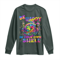 Funny Autism Awareness Be Happy In Your Own Shell Long Sleeve Shirt Rainbow Puzzle Turtle