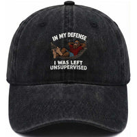 In My Defense I Was Left Unsupervised Funny Bigfoot Washed Cotton Baseball Cap