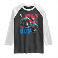 Funny All American Boy 4th Of July Raglan Shirt Monster Trucks American Flag Fireworks - Wonder Print Shop