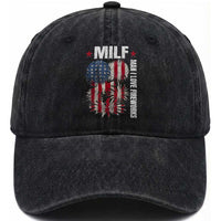 Funny MILF Man I Love Fireworks Washed Cotton Baseball Cap American Patriotic July 4th US Flag