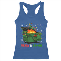 Funny Lil Dumpster Fire Christmas Racerback Tank Top Merry And Bright Xmas Tree - Wonder Print Shop