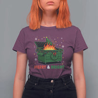 Funny Lil Dumpster Fire Christmas T Shirt For Women Merry And Bright Xmas Tree - Wonder Print Shop
