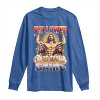 Funny Muscle Jesus Workout Long Sleeve Shirt Hallowed Be Thy Gains Weightlifting Humor