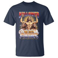 Funny Muscle Jesus Weightlifting T Shirt Hallowed Be Thy Gains Workout Humor - Wonder Print Shop