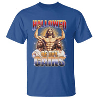 Funny Muscle Jesus Weightlifting T Shirt Hallowed Be Thy Gains Workout Humor - Wonder Print Shop