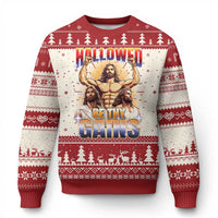 Funny Muscle Jesus Workout Ugly Christmas Sweater Hallowed Be Thy Gains Weightlifting Humor - Wonder Print Shop