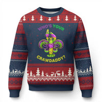 Funny Who's Your Crawdaddy Ugly Christmas Sweater Vintage Crawfish Beads Fleur De Lis Mardi Gras