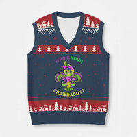 Funny Who's Your Crawdaddy V-Neck Knit Sweater Vest Vintage Crawfish Beads Fleur De Lis Mardi Gras
