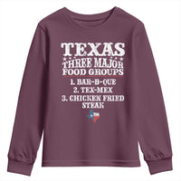 Proud American Texan Youth Sweatshirt Texas Three Major Food Groups BBQ Tex Mex Chicken