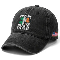 Funny Kiss Me I'm Black Irish Washed Cotton Baseball Cap St Patrick's Day Vintage Shamrock