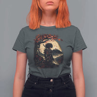 Funny African America Samurai T Shirt For Women Japanese Art Black Warrior Sakura