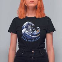 Funny Blue Wave 2024 T Shirt For Women Vote Blue Presidential Elections Cat Tsunami Flowers - Wonder Print Shop