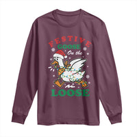 Funny Goose Christmas Long Sleeve Shirt Festive Goose On The Loose Xmas Holiday - Wonder Print Shop
