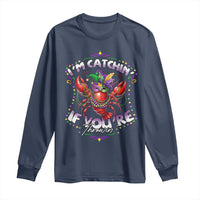 Funny I'm Catchin' If You're Throwin' Mardi Gras Long Sleeve Shirt Crawfish Beads Jester Hat