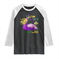 Funny Mardi Gras Pelican Raglan Shirt I'm Catchin' If You're Throwin' Beads Doubloons