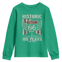 Historic Route Highway 66 100 Years Anniversary Youth Sweatshirt Highway Road Sign Wings Vintage American Flag